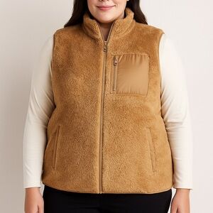 Lands’ End Women’s 2X Sherpa Fleece Vest – Tan – Teddy Zip Up